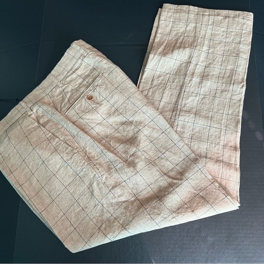 NEW! Scott Barber LINEN Pants/Trousers 35Wx30 Tan Check Flat Front NWT